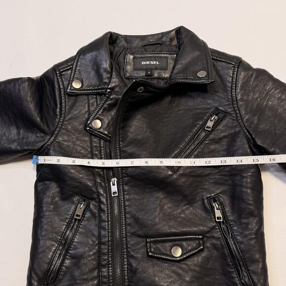 Diesel Jacket Youth 8 Black Moto Biker Leather Look Asymmetrical Zip Pockets - Picture 10 of 13